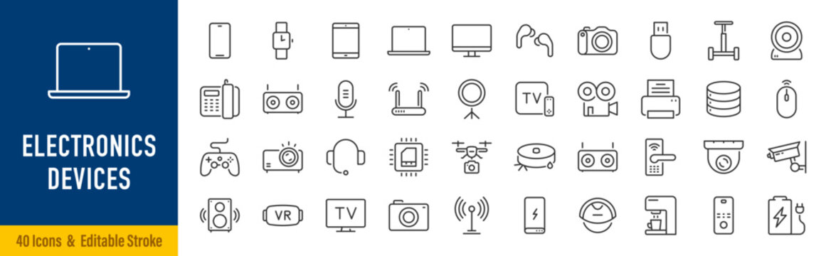 Electronics and Devices web icons in line style. Computing, social network, management, internet, network, programming, Internet connection collection. Editable stroke. Vector illustration.