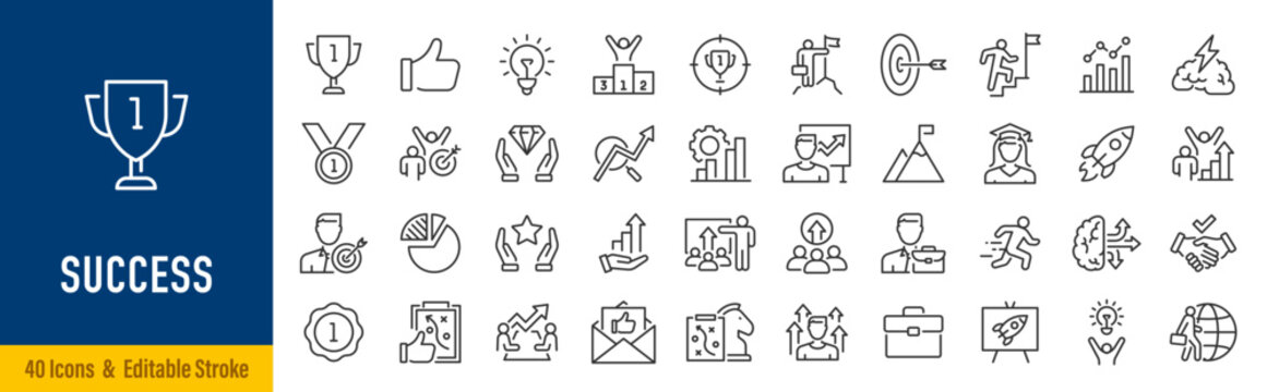 Success web icons in line style. Handshake, growth profit, innovation, increase sale, coaching, progress, strategy, achievment, collection. Editable stroke. Vector illustration.