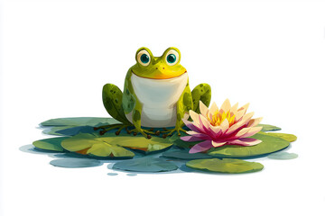 Cute Cartoon Frog Sitting on Lily Pad on White Background for Kids Fun and Education