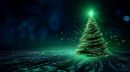 Futuristic glowing green holiday tree visualization, digital technology electronic programming neon code with green lines and dots, science and technology, glowing rays with