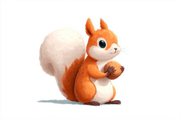 Cute Cartoon Squirrel Holding Nut on White Background Stylized Educational Illustration