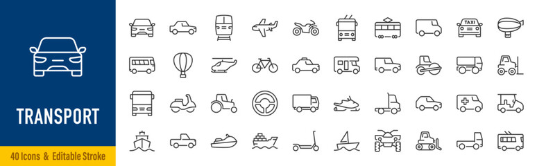 Transport and vehicle web icons in line style. Cars, airplane, bus, parking, travel, train, bike, scooter, truck, helicopter, collection. Editable stroke. Vector illustration. © iiierlok_xolms