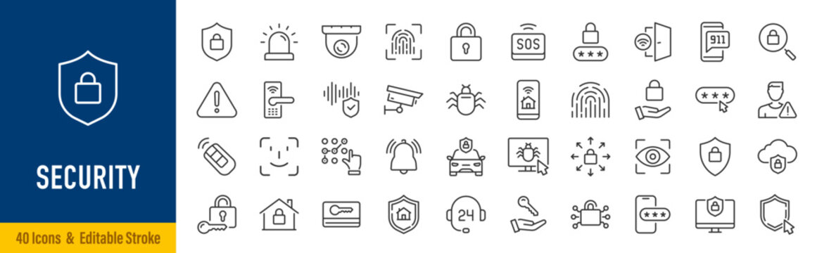 Security web icons in line style. Guard, cyber security, password, smart home, safety, data protection, key, shield, lock, unlock, eye access. Editable stroke. Vector illustration.
