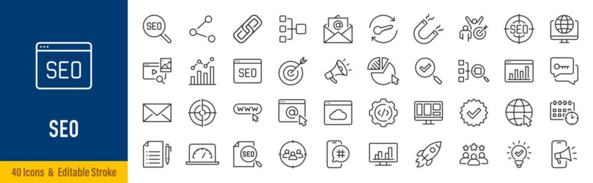 SEO web icons in line style. Contact, target, business and marketing, traffic, ranking, optimization, website collection. Editable stroke. Vector illustration.