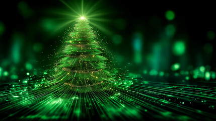 Futuristic glowing green holiday tree visualization, digital electronic programming neon code with green lines and dots, science and technology, glowing rays with flickering