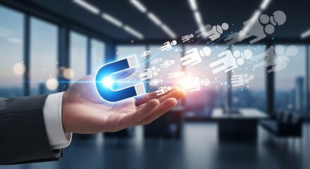 A hand holds a glowing horseshoe magnet attracting digital icons of people and data in a modern office setting
