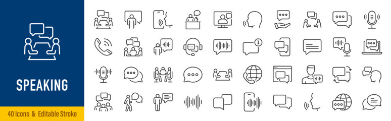 Speaking web icon in line style. Chat, speech bubble, talking, point, chat, support, message, phone, globe, call, info collection. Editable stroke. Vector illustration.