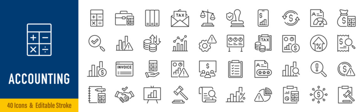 Accounting web icon in line style. Assessment, calculator, check mark, auditing, inspection, investment, calculation, analytics, collection. Editable stroke. Vector illustration.