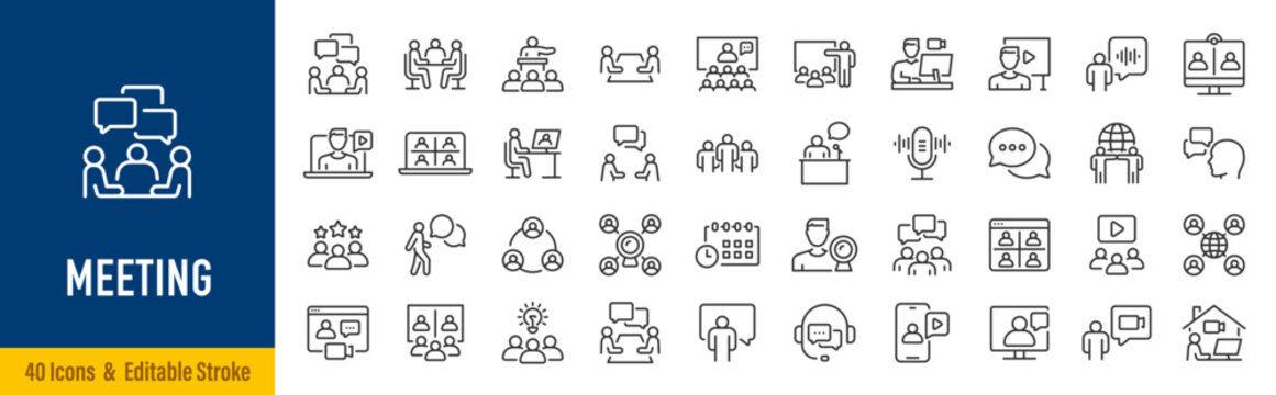 Meeting web icon set in line style. Conference, team, brainstorm, seminar, interview, collection. Editable stroke. Vector illustration.