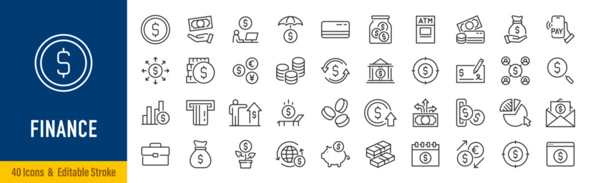 Finance and Money web icon in line style. Money, bank, profit, finance capital, payment, auction, exchance, wallet, deposit infographic. Icon collection. Editable stroke. Vector illustration.