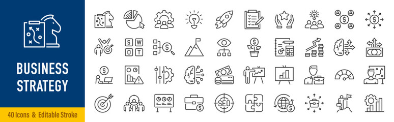 Plakat Business Strategy web icon in line style. Srtategy, startup, teamwork, people, plan, payment, management, target, employee, infographic. Icon collection. Editable stroke. Vector illustration.
