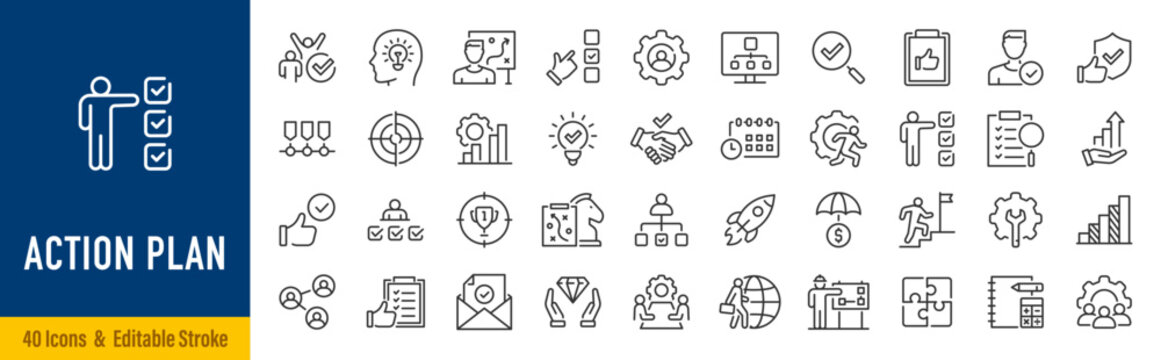 Action plan web icon set in line style. Schedule, plan, implementation, strategy, analysis, collaboration, check, collection. Editable stroke. Vector illustration.