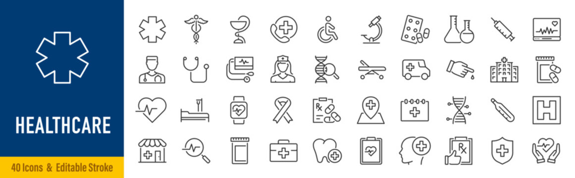 Healthcare web icons in line style. Medicine, check up, doctor, dentistry, pharmacy, lab, scientific discovery, collection. Editable stroke. Vector illustration.