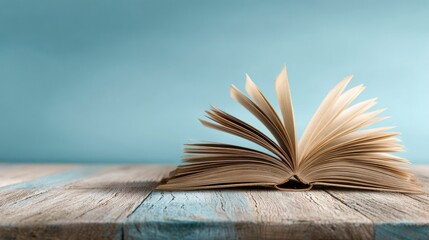 An open book rests on a weathered wooden surface, pages slightly fanned with a soft background. Sunlight illuminates