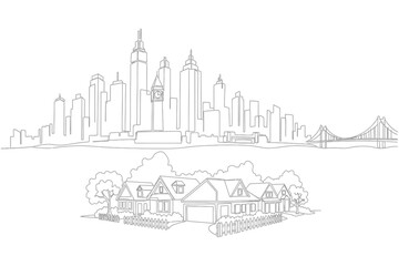 Obraz premium Continuous Line Drawing of Urban Skyline and Suburban Neighborhood Contrast