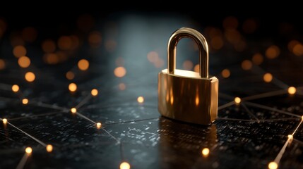 A golden padlock sits atop a network of glowing lines and nodes against a dark bokeh background, symbolizing security