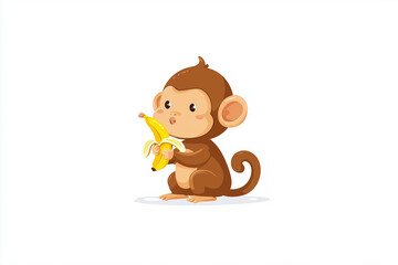 Cute Cartoon Monkey Eating Banana Isolated on White Background, Funny Animal Character Illustration