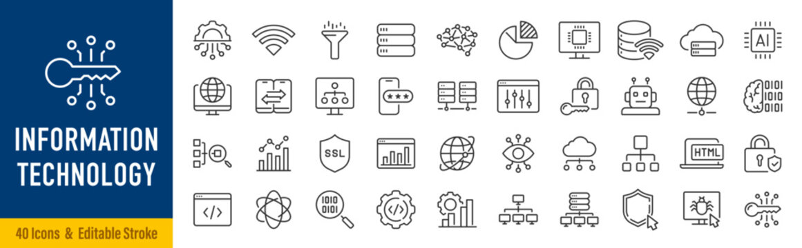 Information Technology web icon set in line style. Network, web design, website, computer, software, progress, programming, data, internet, collection. Editable stroke. Vector illustration.