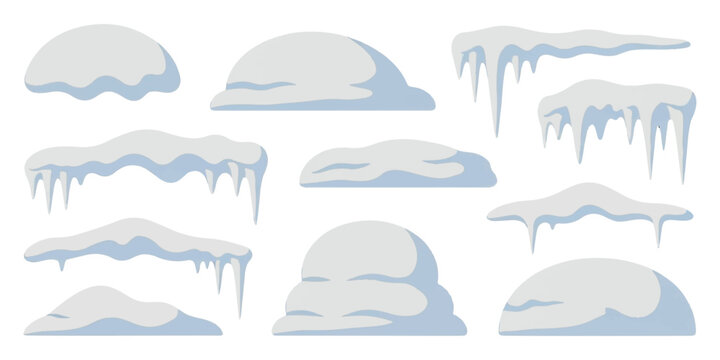 A collection of various cartoon winter snow piles and icy elements with icicles