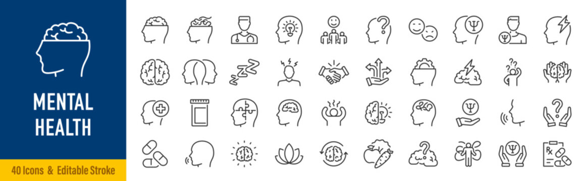Mental health web icons in line style. Depression, psychotherapy, psychological, bipolar, negative thinking, obsession, collection. Editable stroke. Vector illustration.