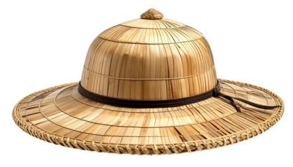 A natural, woven straw hat with a wide brim, leather band, and a central conical top
