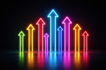 Neon glowing arrows pointing upward in various bright colors on dark background, symbolizing growth, success, and futuristic progress concept. Ai generative