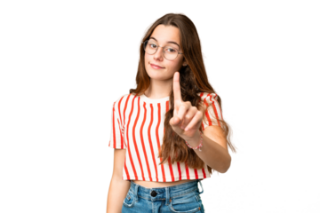 Teenager girl over isolated chroma key background showing and lifting a finger