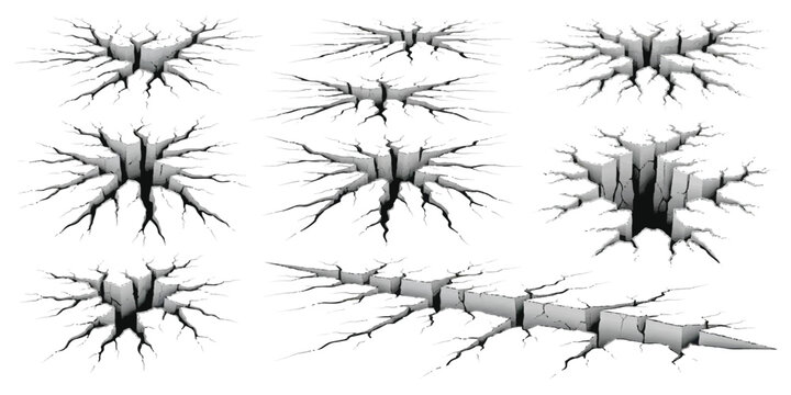 Collection of realistic ground cracks and earthquake fissures isolated on white background