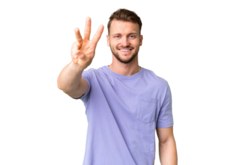 Young handsome caucasian man over isolated chroma key background happy and counting three with fingers