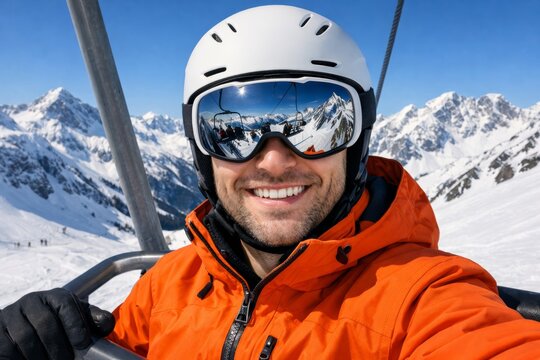 Smiling man wearing ski gear and helmet taking selfie on ski lift with snowy mountains reflected in goggles under bright blue sky during winter vacation. Ai generative