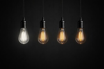 Hanging vintage light bulbs glowing in row on dark background, creative concept of innovation, leadership, individuality and inspiration. Ai generative