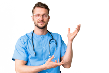 Young nurse man over isolated chroma key background extending hands to the side for inviting to come