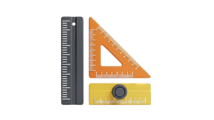 Three drafting tools: ruler, triangle ruler, and protractor