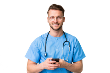 Young nurse man over isolated chroma key background sending a message with the mobile