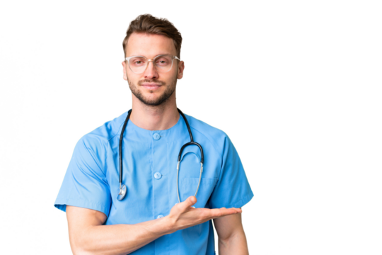 Young nurse man over isolated chroma key background presenting an idea while looking smiling towards - Powered by Adobe