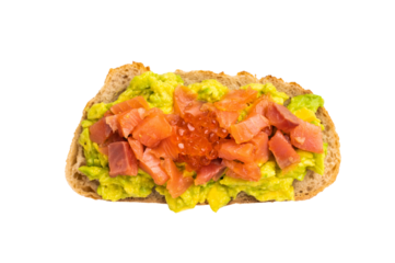 Toast with salmon, avocado and red caviar isolated on white background