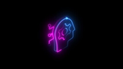 Neon Glowing Brain with Gears and Circuitry on Black Background Technology Concept
