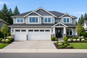 Modern suburban house with landscaped front yard, gray siding, and white garage doors under a blue sky, showcasing elegant residential architecture concept. Ai generative