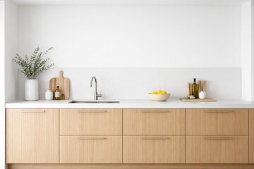 Minimalist wooden kitchen interior with modern faucet, countertop essentials, and white backsplash in natural light as a clean design concept. Ai generative