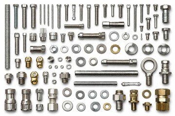 Obraz premium Assorted metal bolts, nuts, washers, and fittings organized in rows showcasing industrial variety on white background. Ai generative. Ai generative