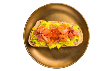 Bruschetta with salry salmon, trout slices, avocado and red caviar isolated on white background