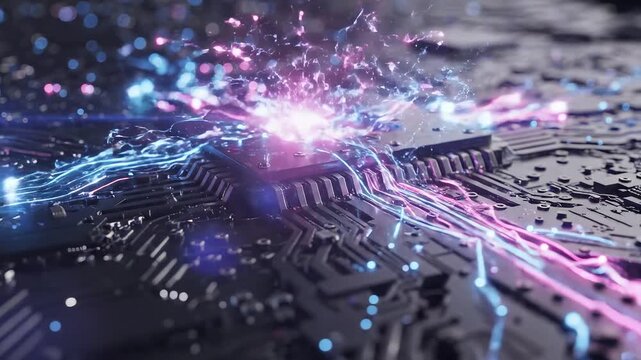 Closeup of a circuit board with glowing lights