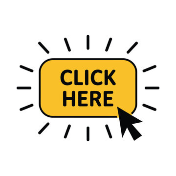Yellow click here button with black arrow and lines on white background