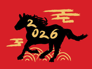 black horse silhouette and text "2026" in black horse  with golden clouds on a red background, horse chinese new year 2026, Year of the Horse, Chinese Zodiac