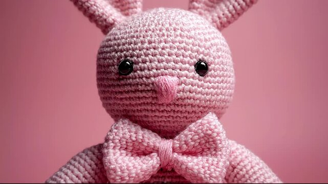 Pink crochet bunny toy with bow tie sitting against pink background zooming in to close up of amigurumi texture and face details