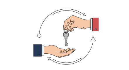 Two hands in business suits exchanging a single metal key with circular arrows symbolizing a transaction or property handover.