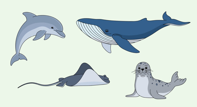 Group of various sea animals including a dolphin, a blue whale, a stingray, and a leopard seal swimming together in an ocean theme.