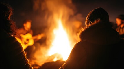 Warm light from campfire illuminates friends sharing music and s