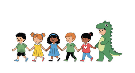 Fototapeta premium Diverse group of young children holding hands and walking together in a line with one child dressed in a green dinosaur costume.