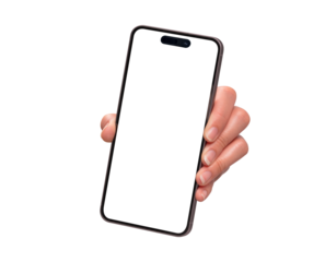 Close-up of a hand showing smartphone with blank screen, isolated on transparent PNG. High quality studio shot. Concept for technology, business, finance, advertising and lifestyle themes.